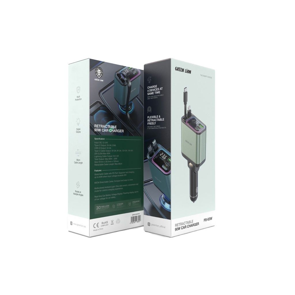 Green Lion Retractable 90W Car Charger - Green