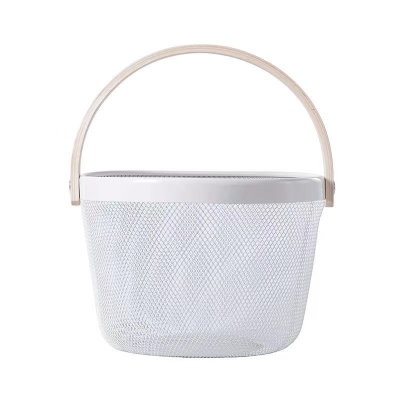 Round Wire Mesh Storage Basket with a Wooden Handle (White)