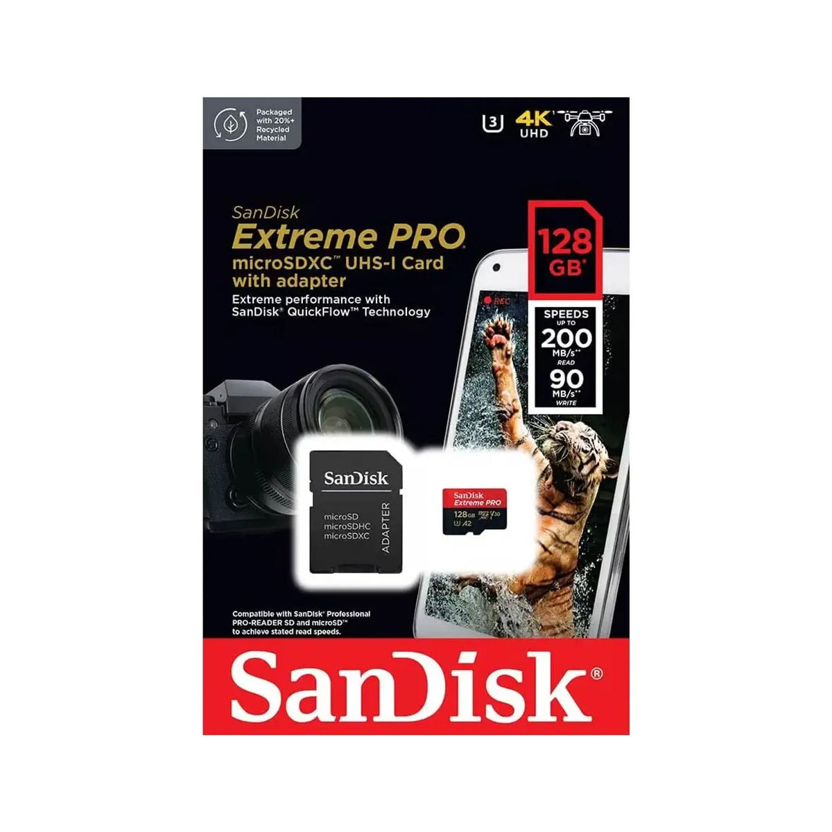 SanDisk Extreme PRO 128GB microSDXC UHS-I Card with Adapter, Up to 200MB/s, V30, U3, A2, SDSQXCD GN6MA