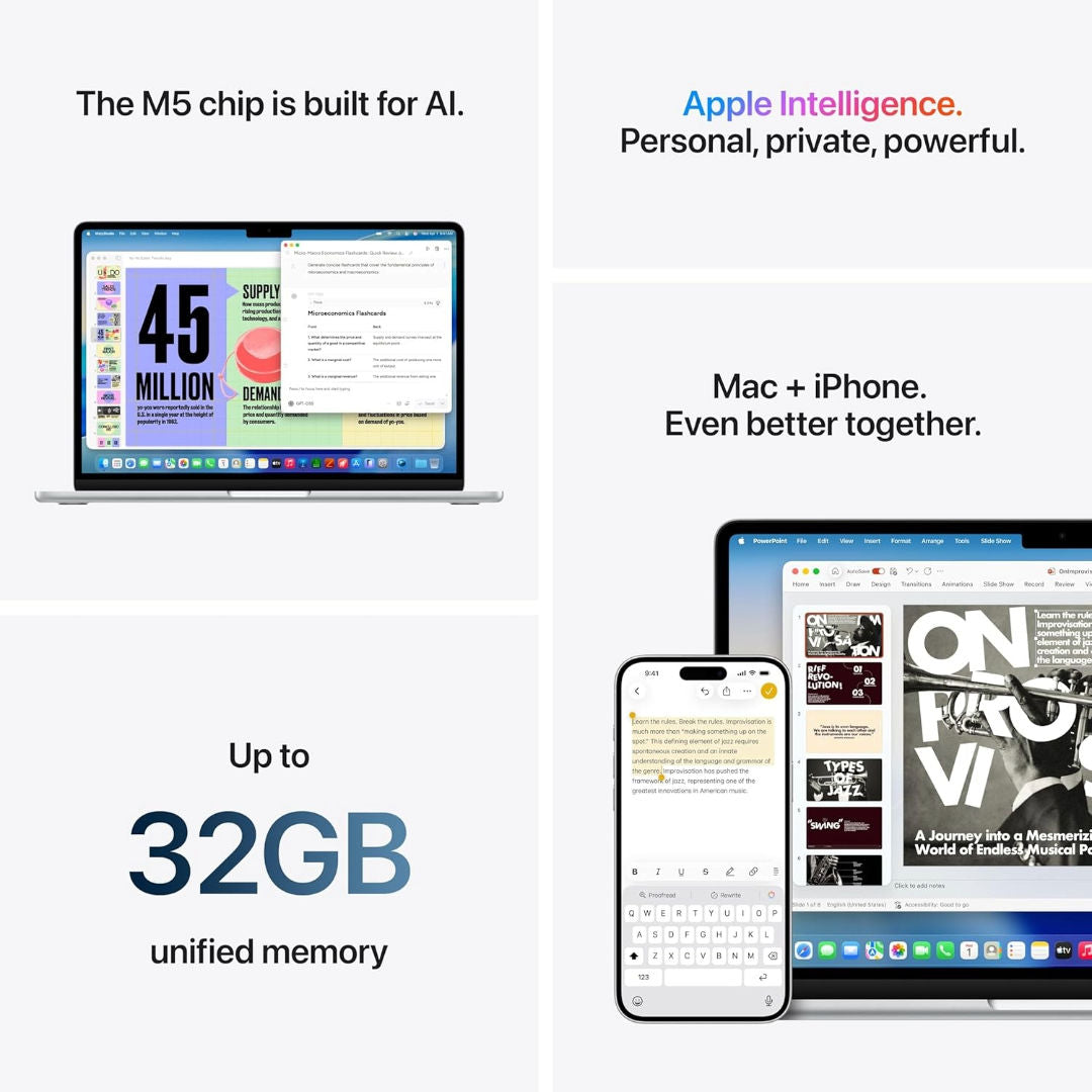 Apple MacBook Air 13-inch M5 Chip, 10 Core CPU, 8 Core GPU, 16GB RAM, 512GB SSD, Arabic Keyboard, MDH74AB/A, Silver