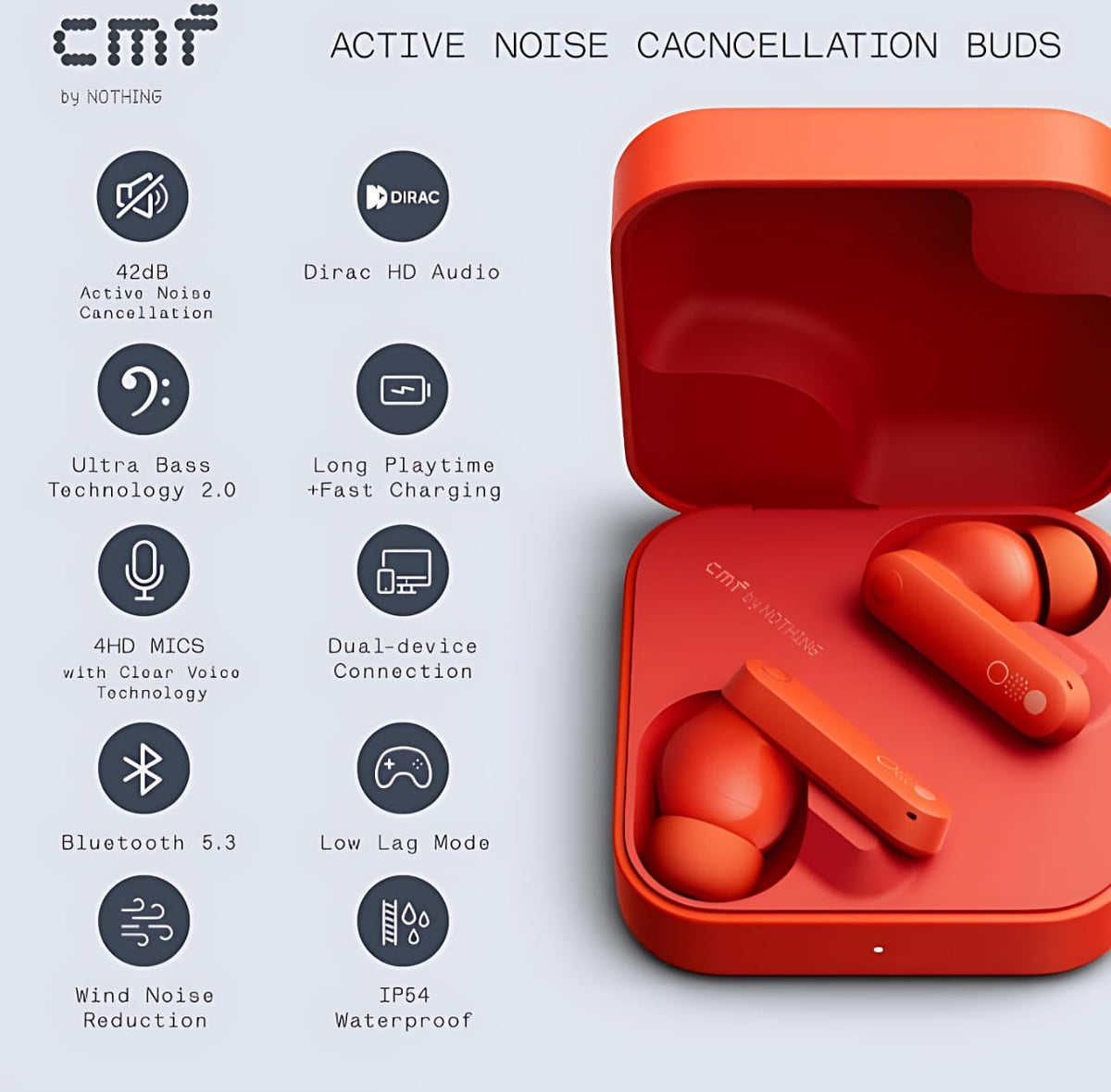Nothing CMF Buds International Version 12.4mm Dynamic Drivers, 42dB ANC, Bluetooth 5.3, Orange