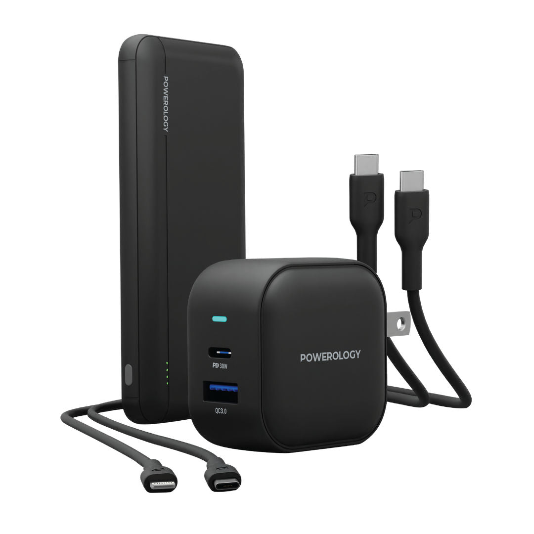 Powerology 5-in-1 Power Combo 10000mAh Power Bank with 38W Universal Charger, Fast Charging Cables & Travel Kit, Black
