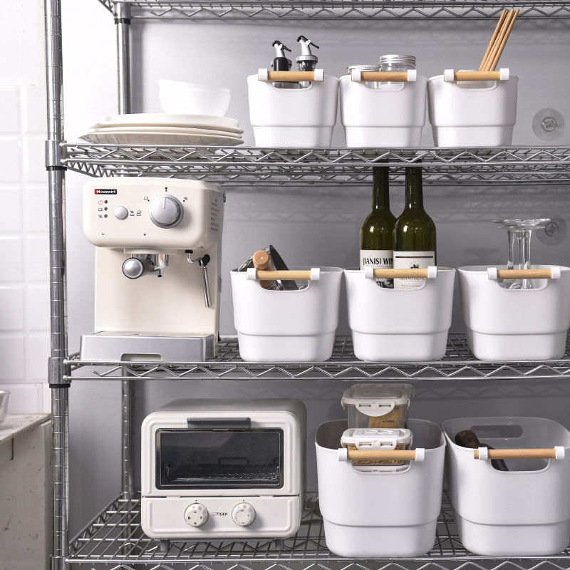 White Plastic Organizer Basket with Wood Handle - Large 10.5L