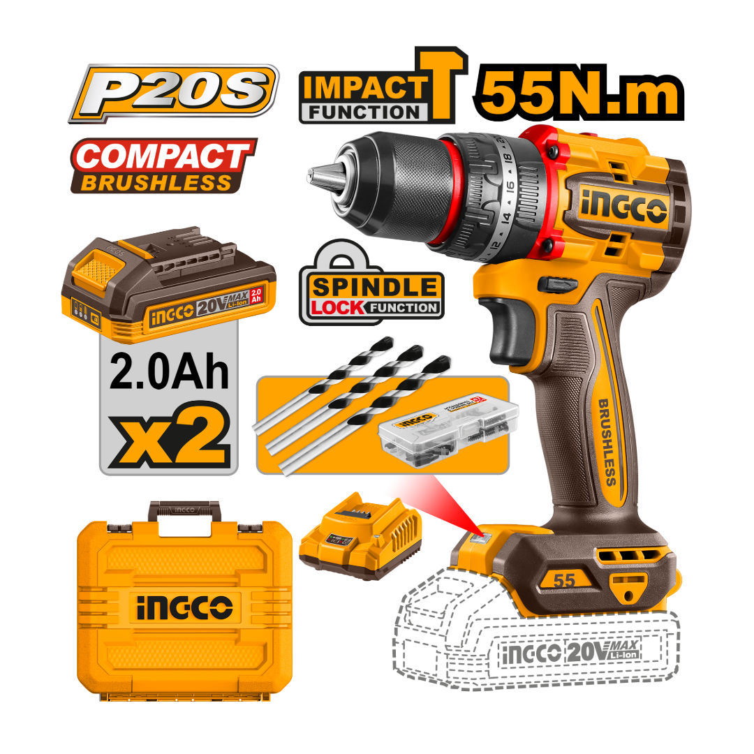 مجموعة مثقاب لاسلكي بدون فرشات من INGCO، 20 فولت