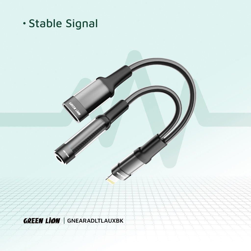 Green Lion Lightning to Dual Lightning + 3.5mm AUX Earphone Adapter, 12CM, Charging & Audio, Black