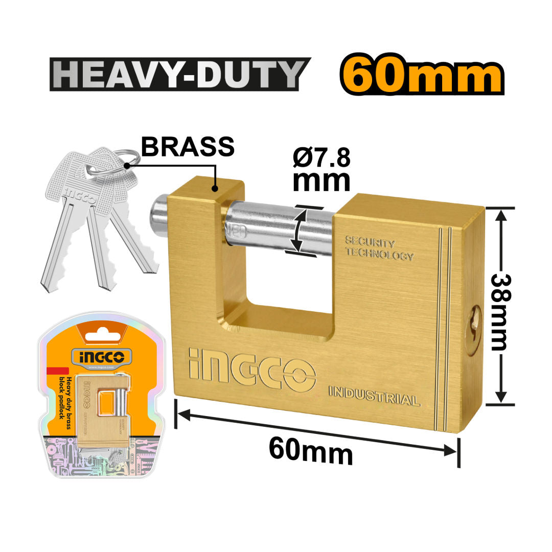 INGCO Heavy Duty Brass Block Padlock, 60mm