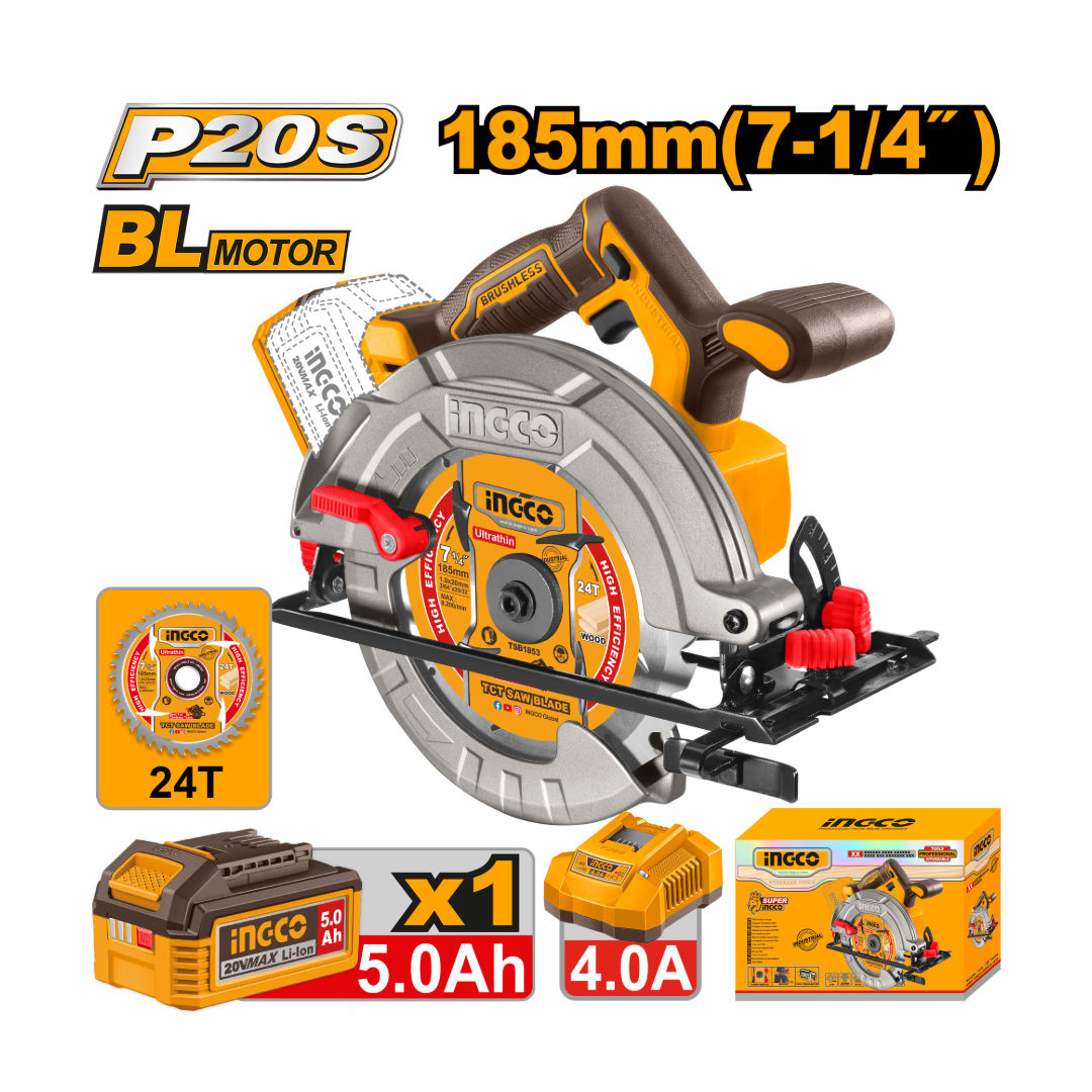 INGCO 20V Brushless Cordless Circular Saw Kit, 185mm Blade, 4800 RPM, 5.0Ah Battery & Charger