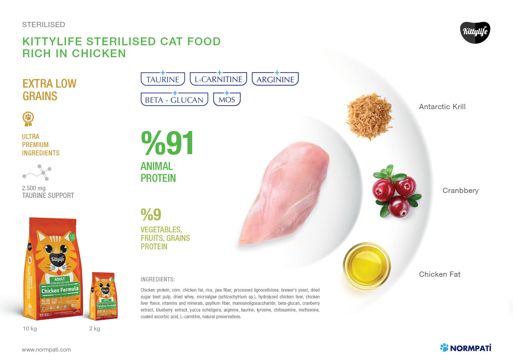 KittyLife Premium Sterilised Adult Dry Cat Food with Chicken, Weight Control, Immune Support & Digestive Care