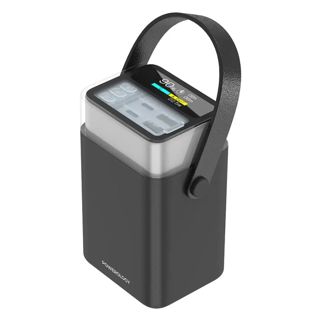 Powerology Halo Beam 40000mAh Power Bank with 65W PD Fast Charging, RGB 360° LED Light & Handle, Black