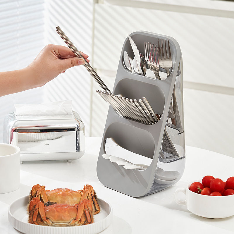 Modern Vertical Cutlery Drainer & Utensil Caddy – 3-Grid Spoon Holder (Grey)