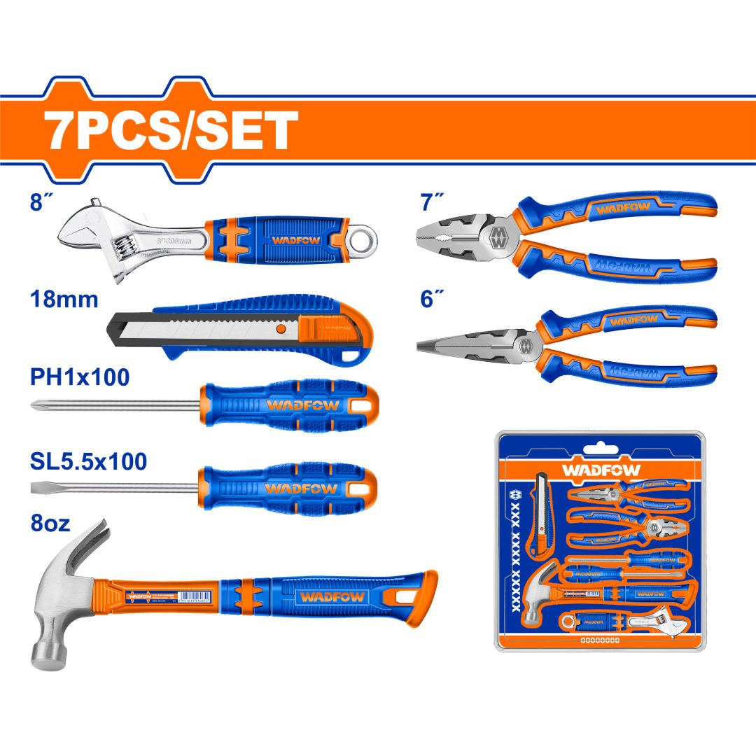 WADFOW 7-Piece Hand Tools Set with Pliers, Hammer, Wrench, Knife & Screwdrivers
