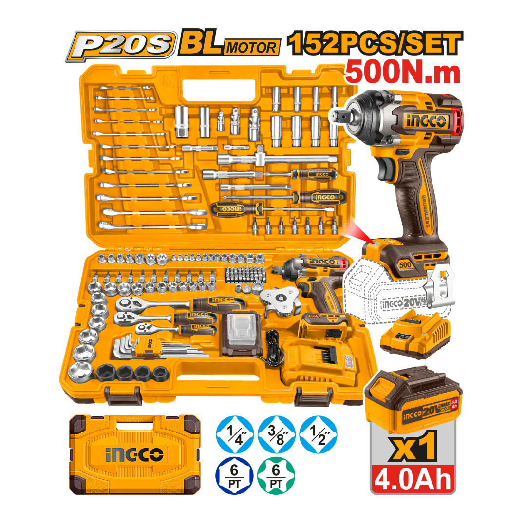 INGCO 152-Piece Cordless Impact Wrench Tool Set - 20V 1/2″ 500 Nm Wrench, 4.0Ah Battery, Charger, Comprehensive Sockets, Spanners & Bits in Carry Case