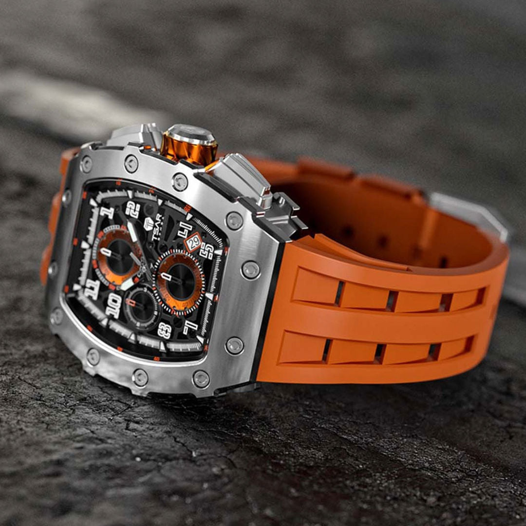 TSAR Bomba Men's Quartz Silver Case Orange Silicon Band Watch