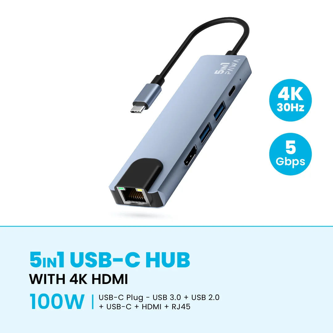 Pawa 5 In 1 Usb-C Hub With 4k HDTV-Grey