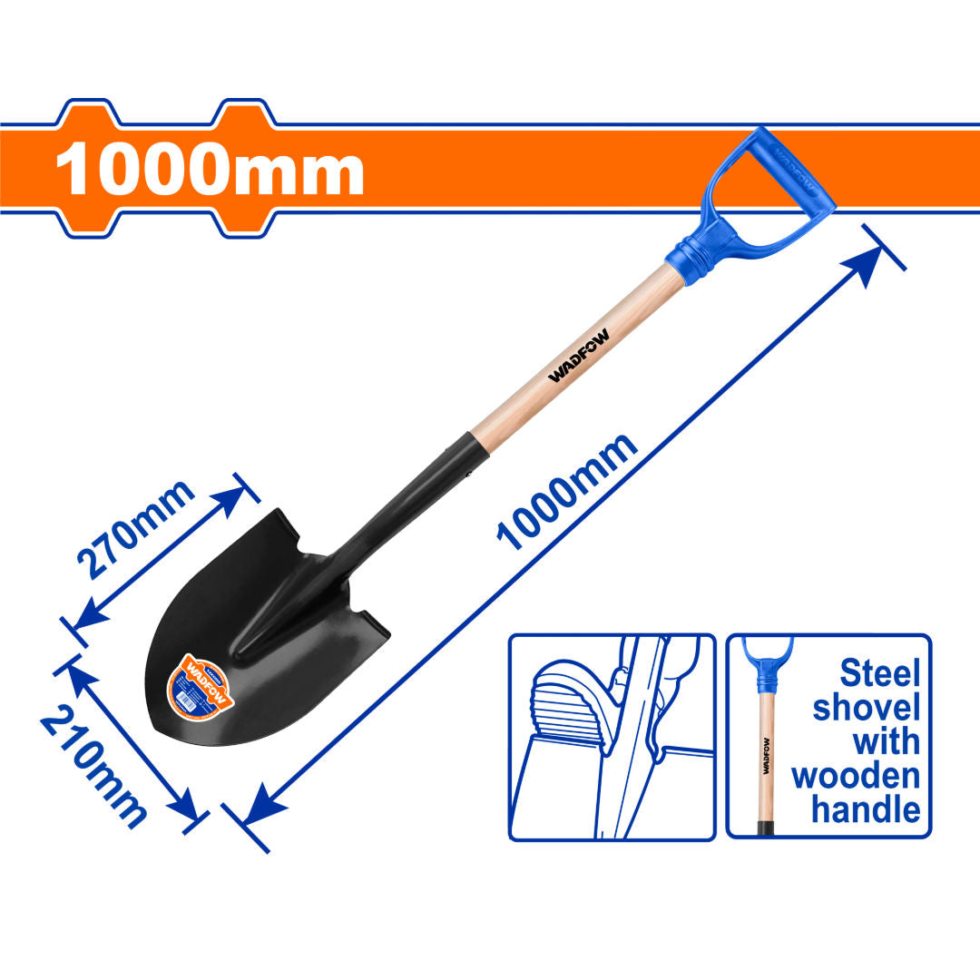 WADFOW Steel Shovel, Carbon Steel With Wooden Handle