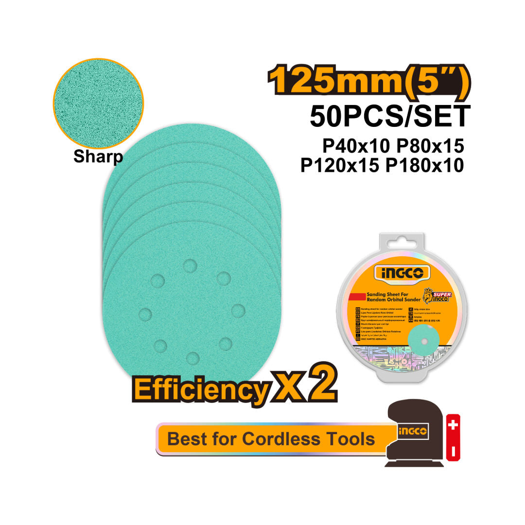 INGCO Sanding Sheet For Random Orbital Sander, 125 mm, 50 Pcs Set