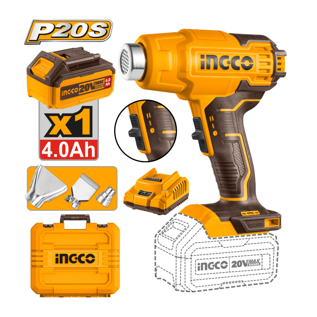 INGCO Cordless Heat Gun, 20V, 300/550 °C
