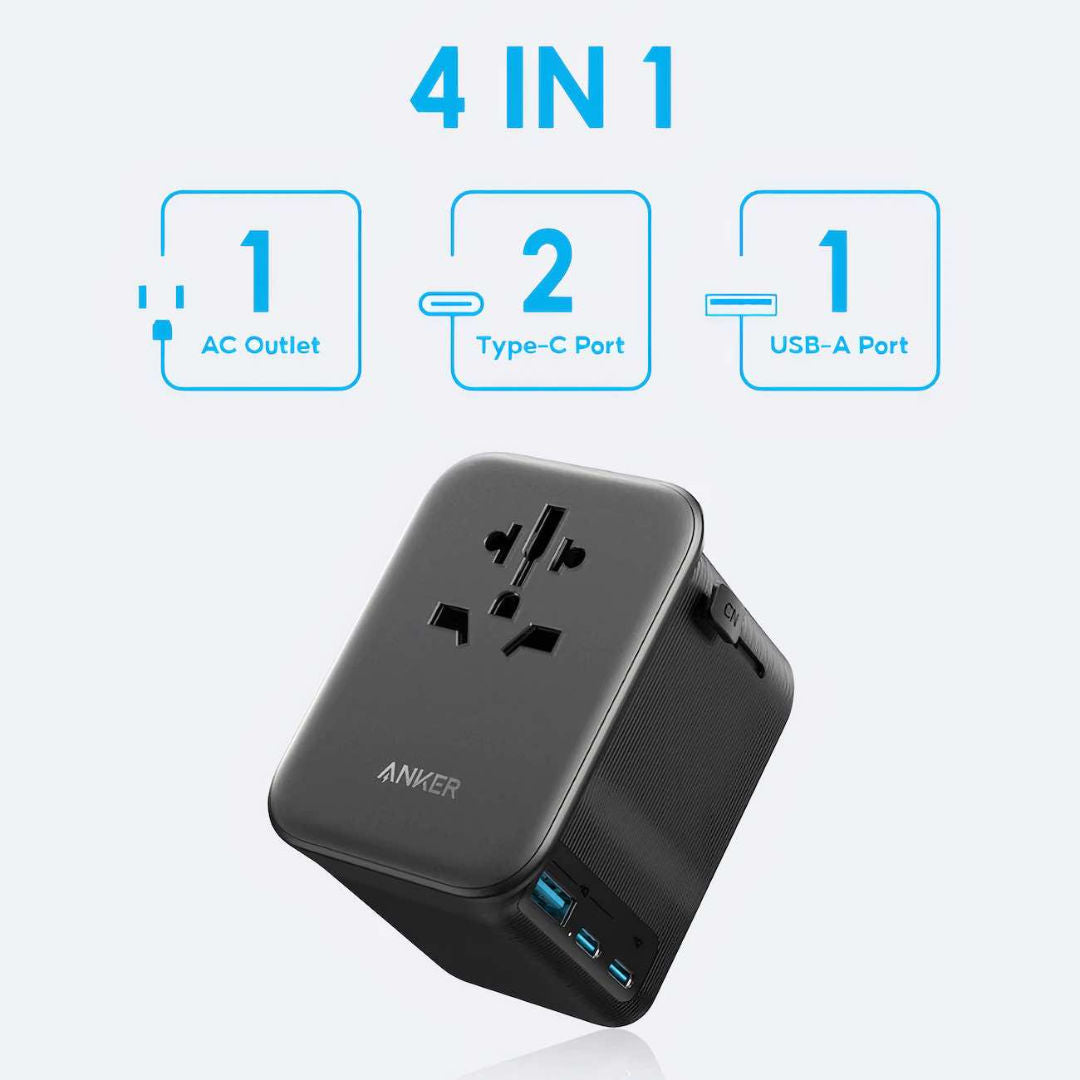 Anker Nano Travel Adapter 4-in-1, 65W Fast Charging, USB-C, USB-A & AC Outlet, Black
