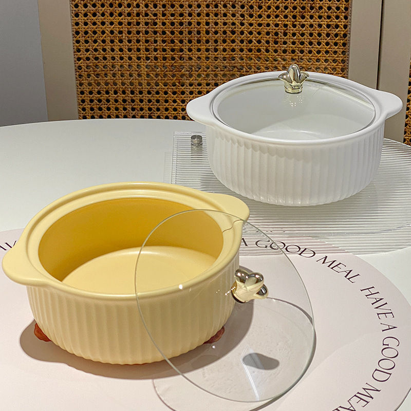 Charming Ribbed Ceramic Serving Bowls with Lids (Green)