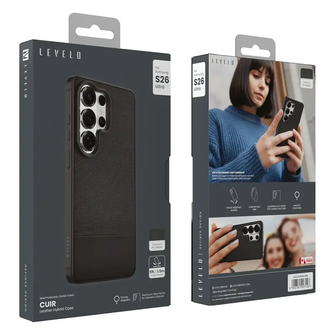 levelo Cuir Leather Hybrid Case For Samsung S26 Ultra, Black