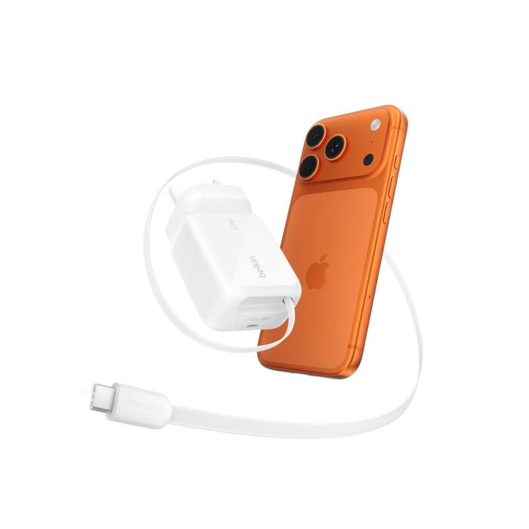 Belkin Boost Charge™ Pro 67W GaN Wall Charger with 3.3ft Retractable USB-C Cable, White