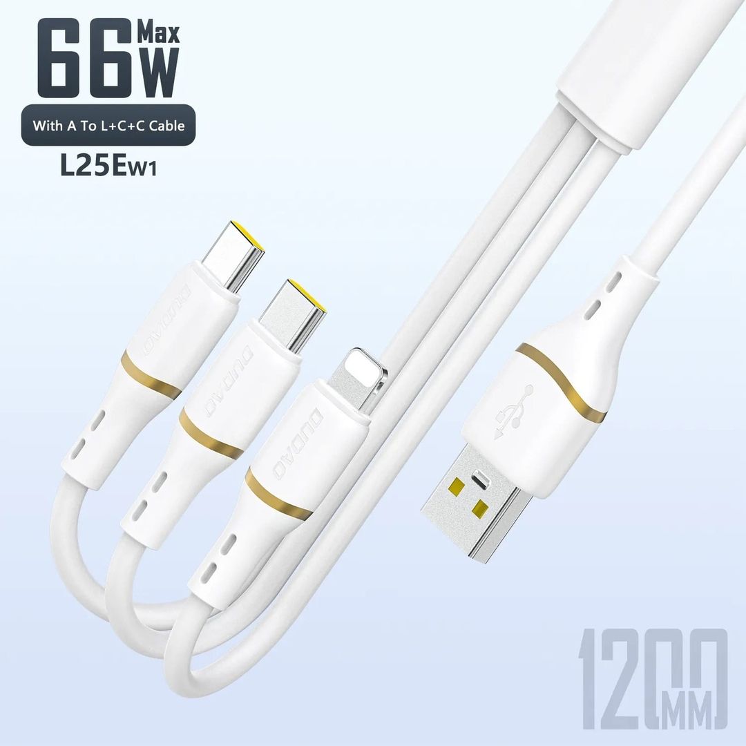 DUDAO L25E-1.2MW Liquid Silicon 3in1 Fast Charging Cable USB-A to 2xUSB-C, Lightning, 66W, 1.2m, White