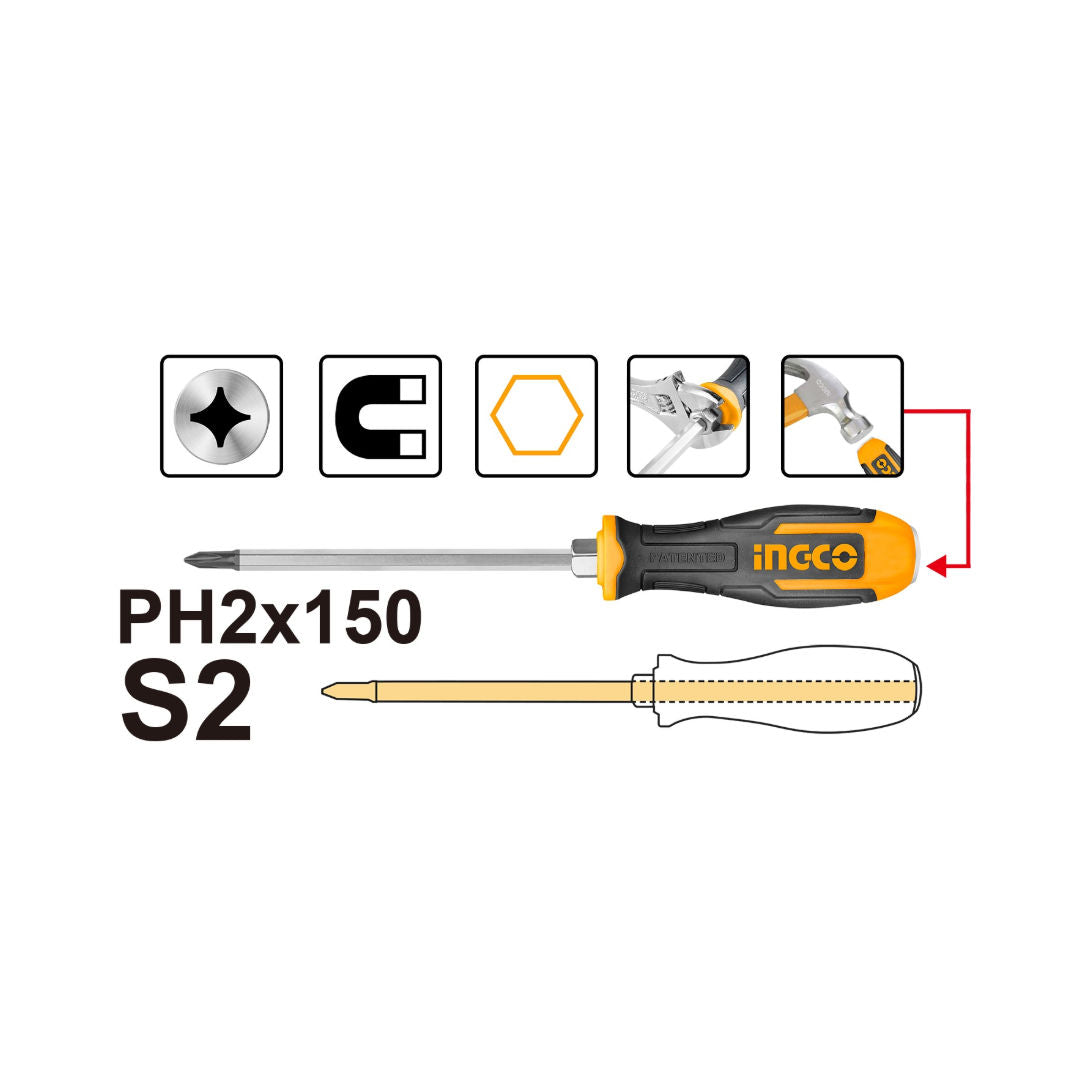 INGCO Phillips Go Through Screwdriver, CR-V Shaft, Magnetic Tip, Durable Handle