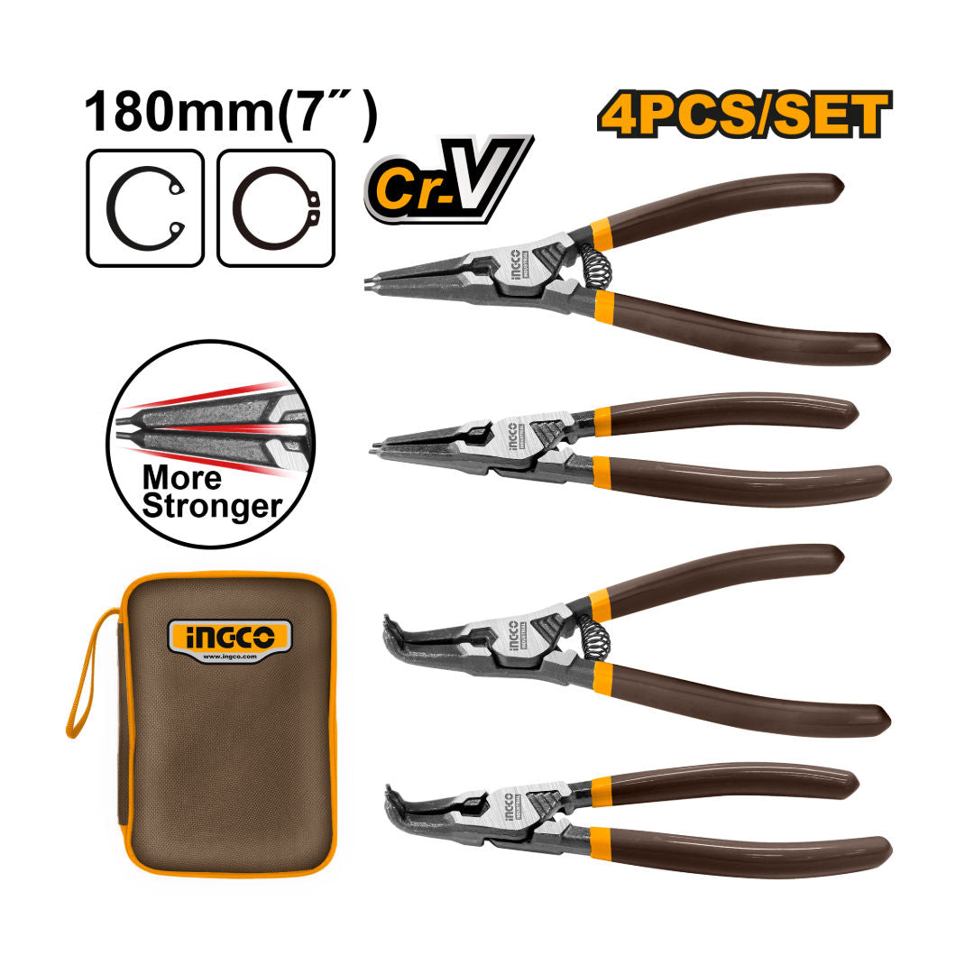 INGCO 4-Pcs Circlip Pliers Set  2X180° + 2X90°, 7"/180 Mm, Black Finish