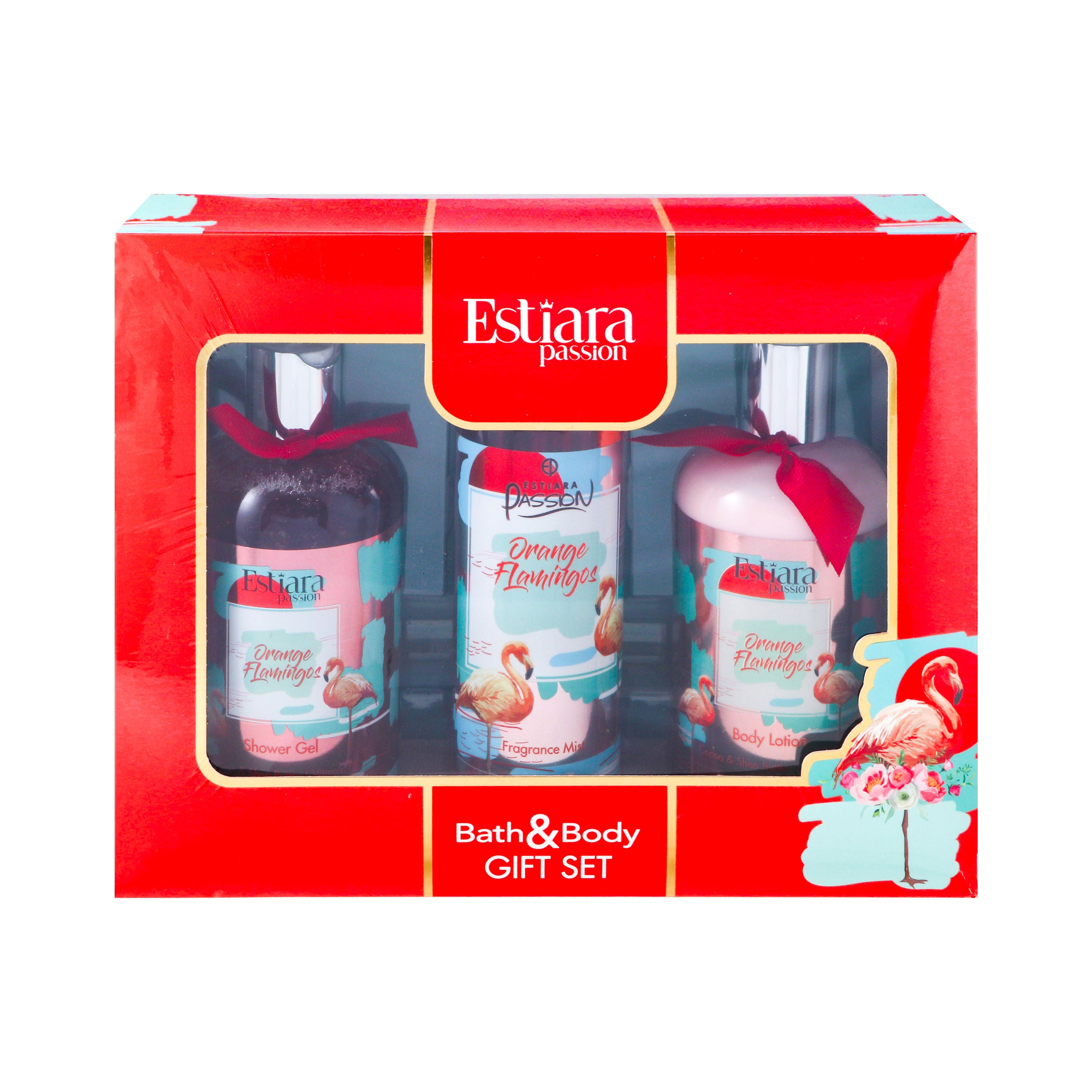 Estiara Passion Orange Flamingo Bath & Body 3 Piece Gift Set For Women (Body Lotion 350ml + Shower Gel 350ml + French Fragrance Mist 250ml)