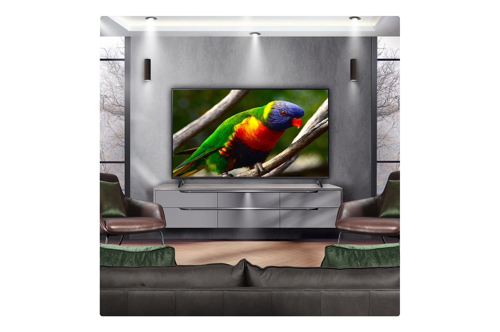 تلفزيون LG الذكي من سلسلة QNED70 بدقة 4K، مع معالج α7 AI 4K من الجيل الثامن، وتقنية AI Super Upscaling، وتقنية Dynamic QNED Color، وHDR10، ونظام التشغيل webOS 25 مع جهاز التحكم عن بُعد AI Magic Remote