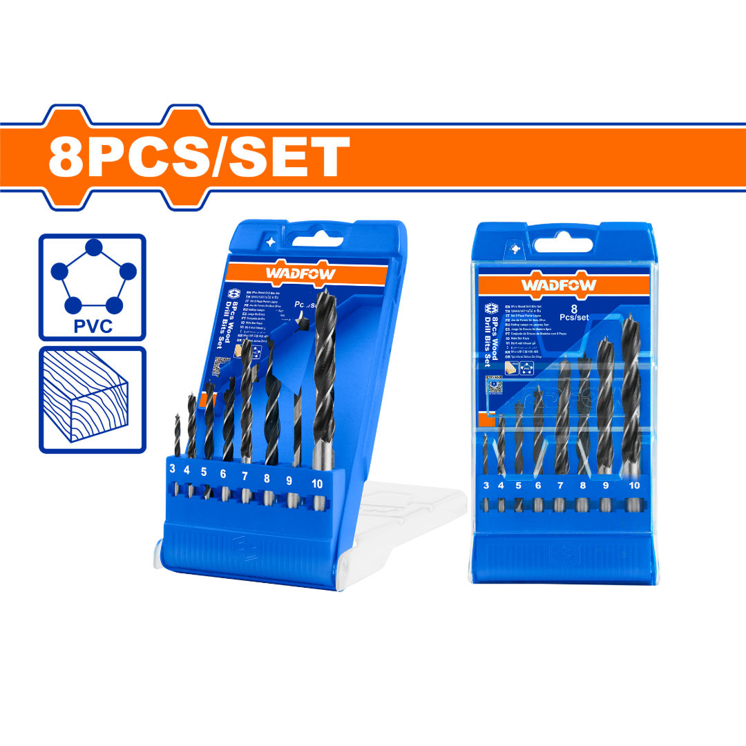 WADFOW 8-Piece Wood Drill Bits Set, 3-10 mm, Plastic Storage Box