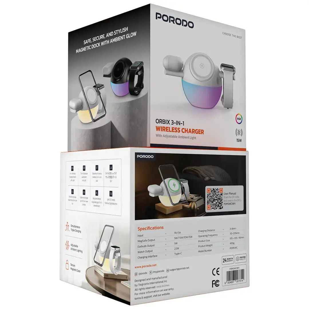 Porodo Orbix 3-In-1 Wireless Charger with Adjustable Ambient Light, White