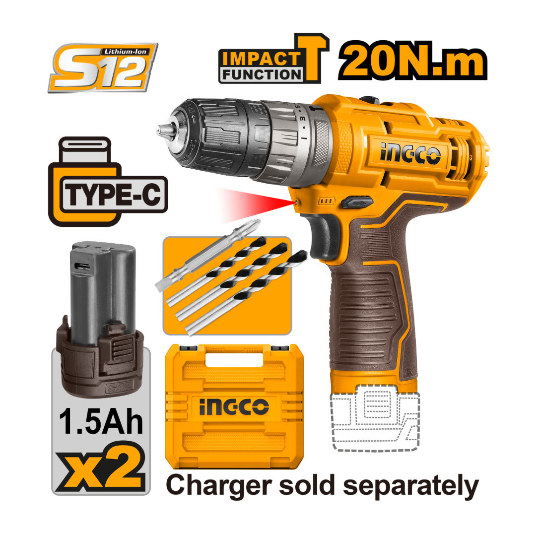 INGCO 12V Cordless Impact Drill Kit, 20Nm, 2-Speed with USB-C Batteries & Carry Case