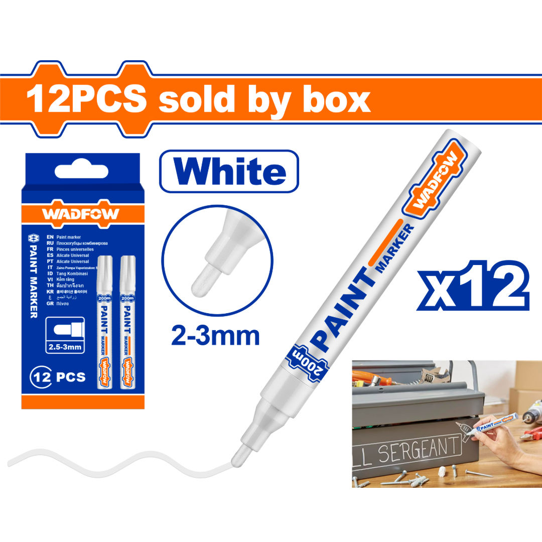 WADFOW Paint Marker, White 12Pcs/Set, Acrylic Bullet Tip 2.5–3mm, 200m Writing Distance, Waterproof, Oil-Based