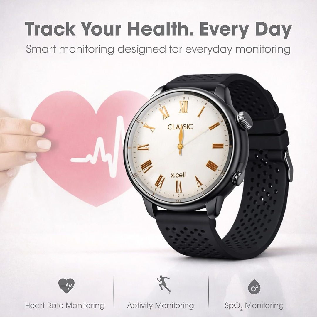 Xcell Classic7 Smartwatch with 2 Strap for Men & Women 1.43inch AMOLED Roman Dial, Bluetooth Calling, Heart Rate & SpO2 Wellness Tracking, Black