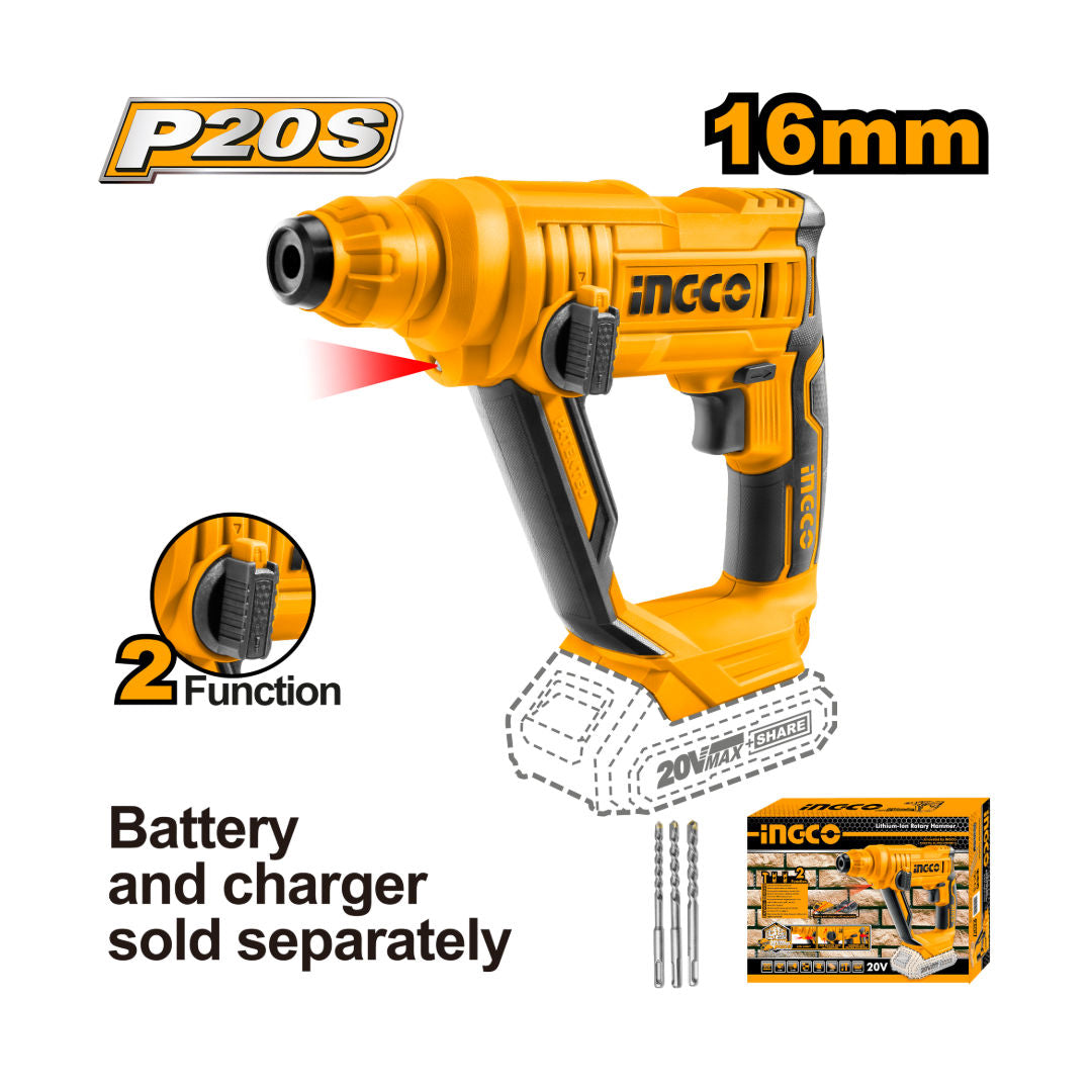 INGCO 20V Cordless Rotary Hammer, 0-900rpm, 0-5100bpm
