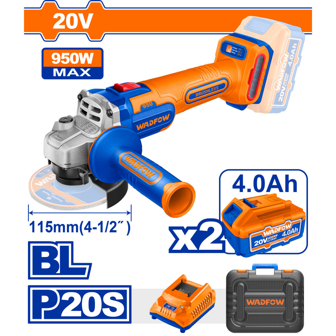 مطحنة زاوية لاسلكية WADFOW 20 فولت، بدون فرش، قرص Ø115 مم، عمود دوران M14