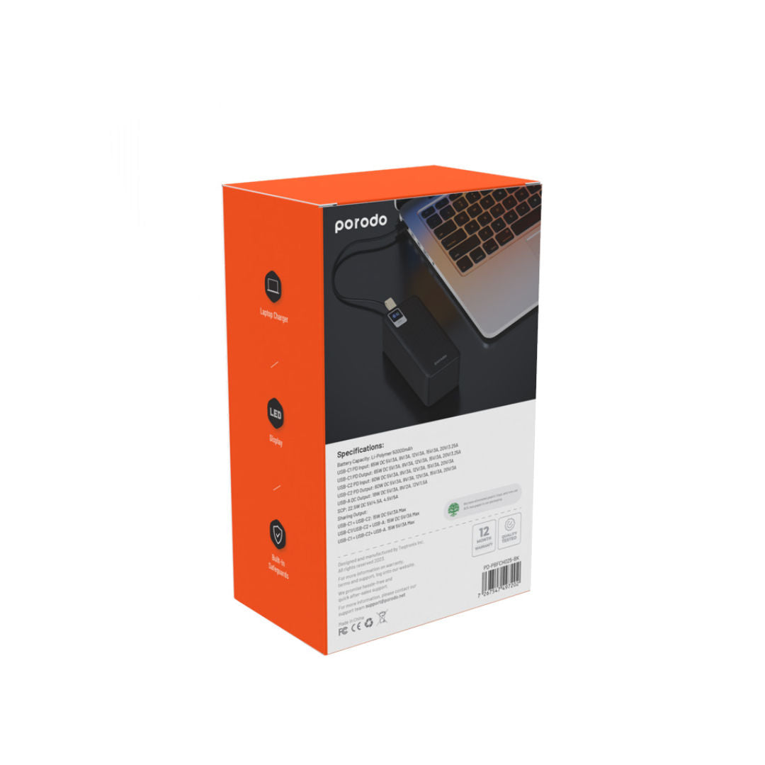 Porodo Compact Power Bank 50000mAh PD 65W, Dual USB-C Fast Charging, LED Display, Black