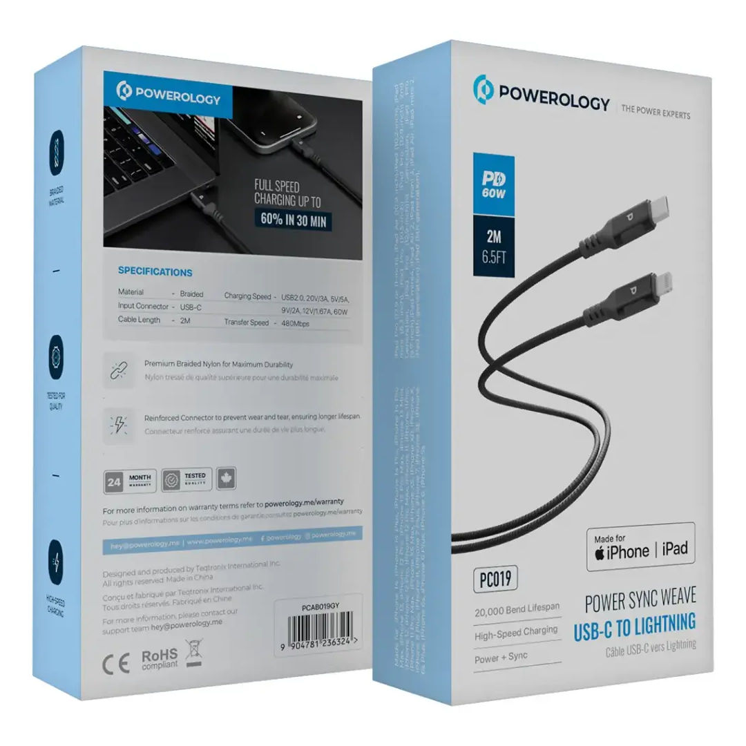Powerology Power Sync Weave USB-C to Lightning Cable, 60W, Black
