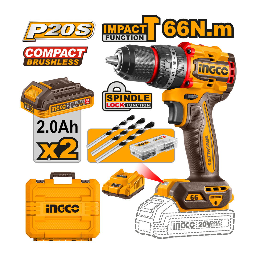 INGCO High-Torque 20V Brushless Impact Drill with 66Nm Power