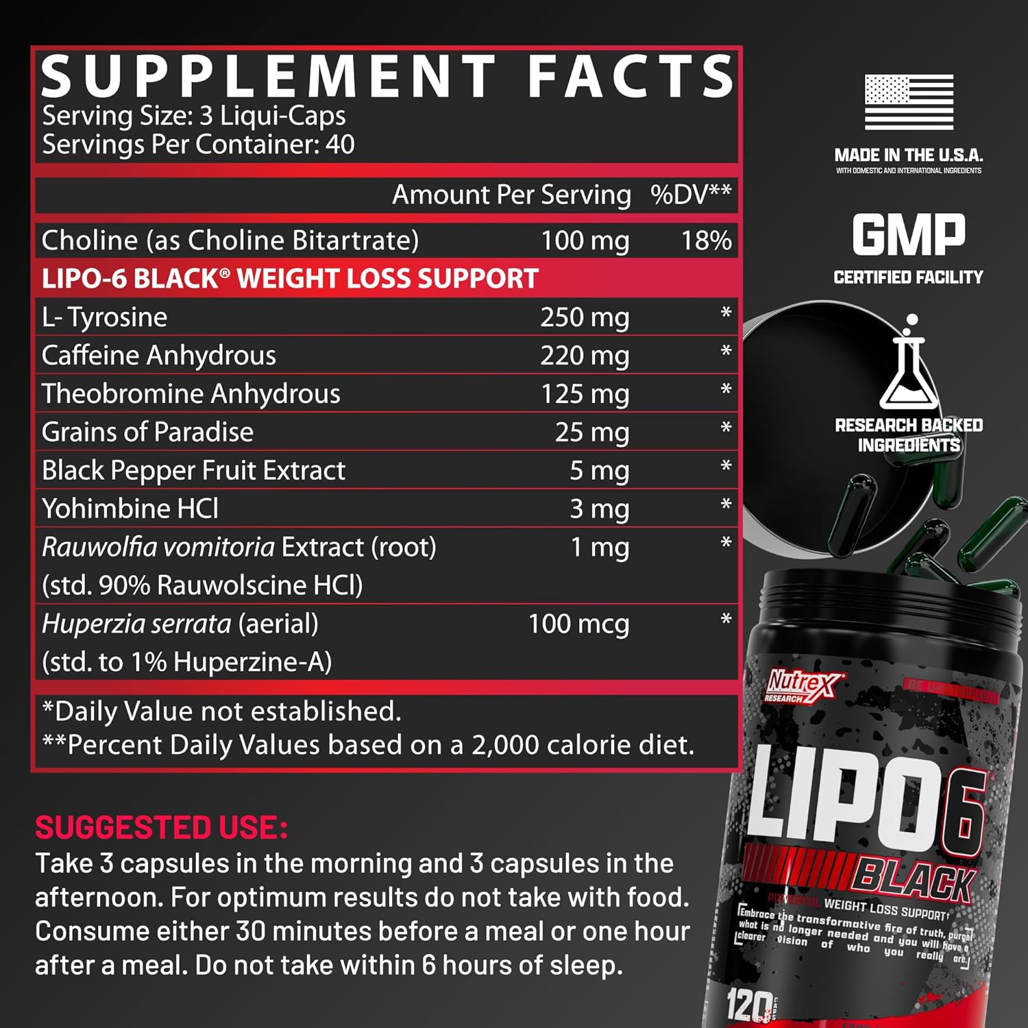 Nutrex Research Lipo-6 Black Ultra Concentrate, 120 Liquid Capsules Thermogenic Fat Burner