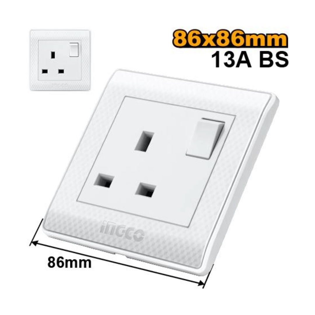 INGCO 13A Bs Socket With Switch 86X86Mm Plate, 60Mm Install