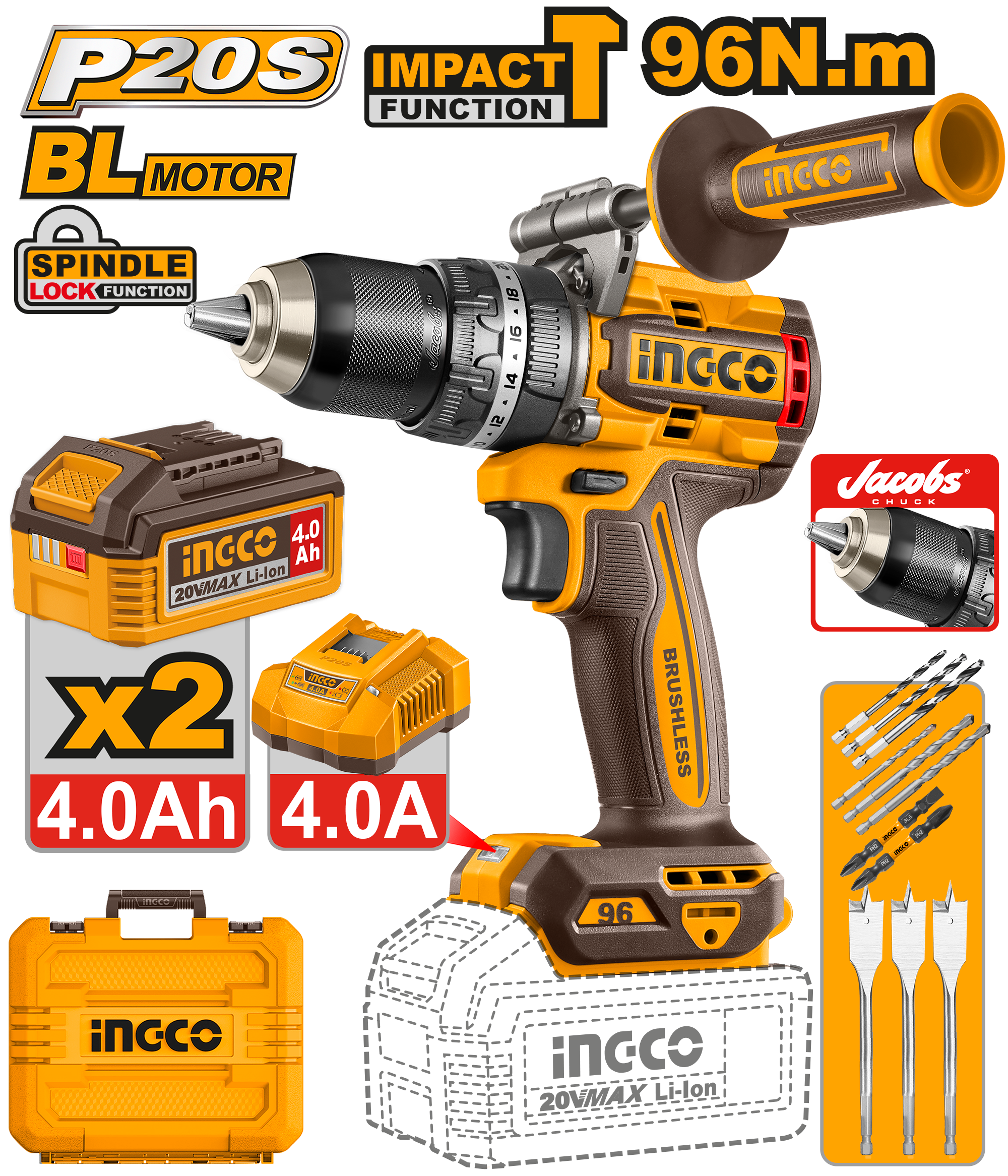 INGCO Cordless Impact Drill 20V 96Nm Brushless Drill Kit
