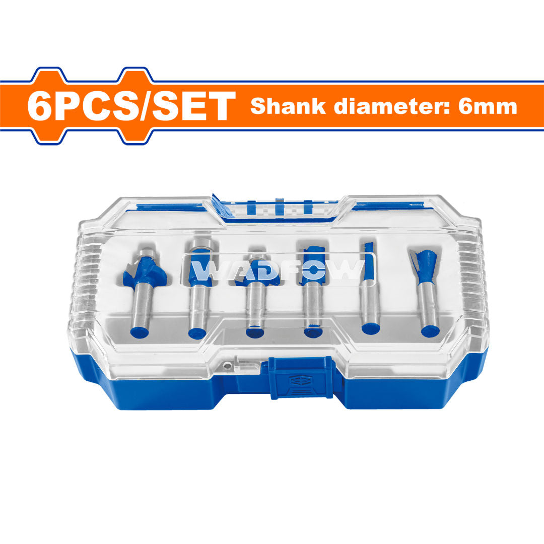 WADFOW 6 Piece Router Bit Set, 6 mm Shank, Straight, Flush Trim, Dovetail & Round Bits, Plastic Box