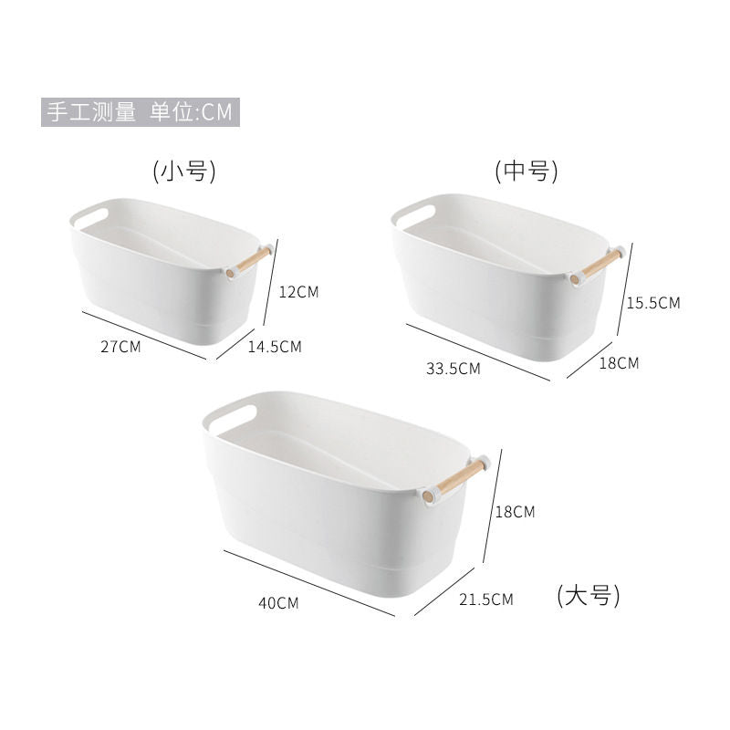 White Plastic Organizer Basket with Wood Handle - Medium 5.8L