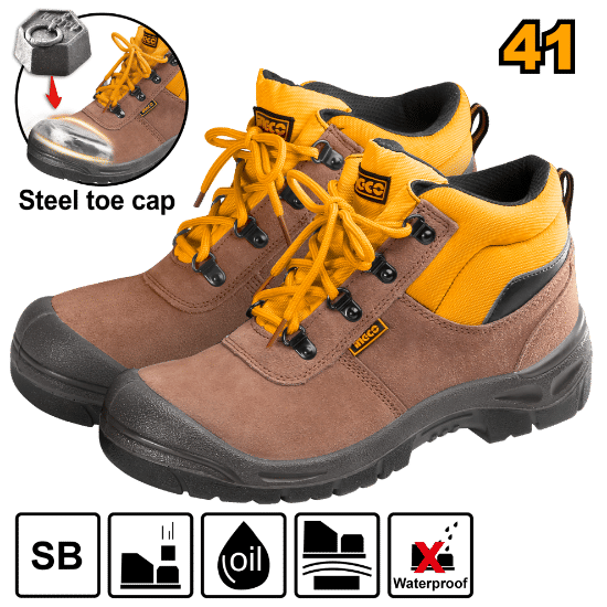 INGCO Safety Boots, Steel Toe Cap, Split Leather Upper, Dual Density PU Sole