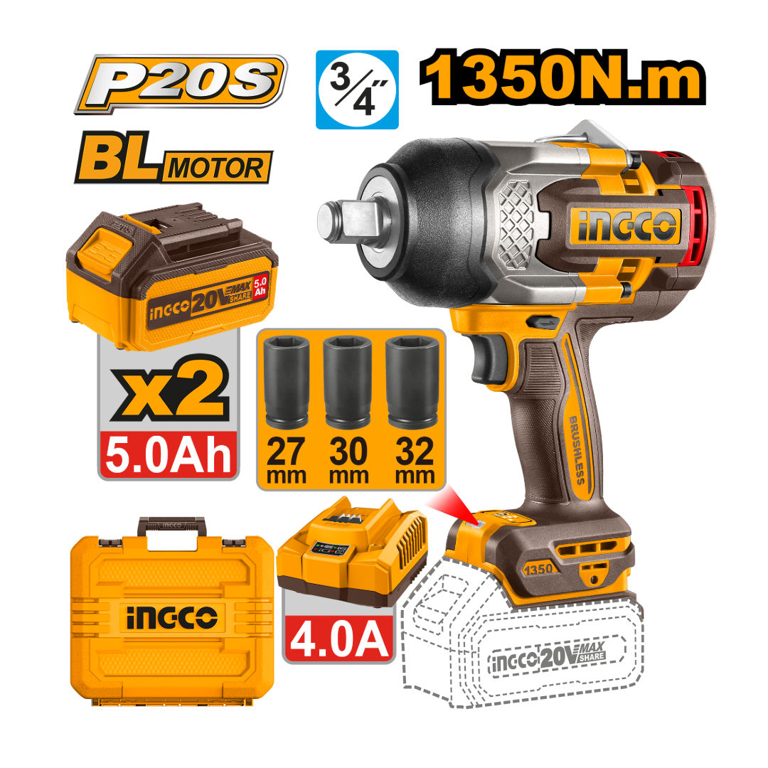 INGCO 20V Brushless 3/4″ Impact Wrench Kit, 1350Nm Torque, 1900Nm Breakaway, 2x5.0Ah Batteries, Sockets & Case
