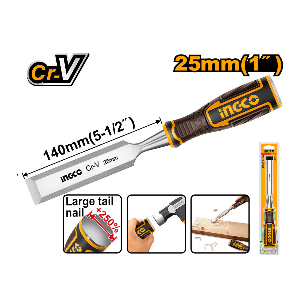 INGCO 25Mm Wood Chisel With Ergonomic Handle For Precision Woodworking, Length 140Mm