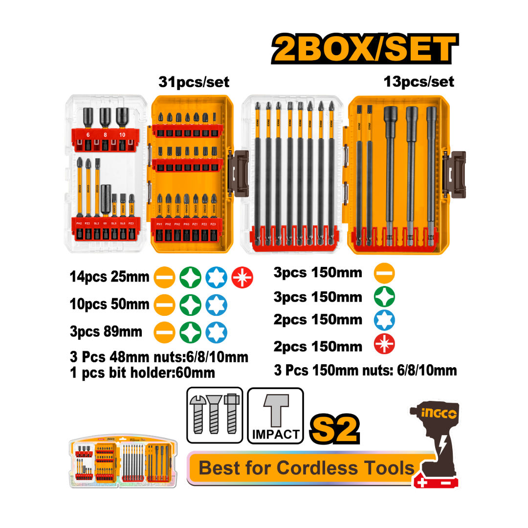 INGCO 44-Pcs Impact Bits & Magnetic Nuts Set  25/50/89/150 Mm Impact Bits, 48 Mm & 150 Mm Magnetic Nuts (6/8/10 Mm), Bit Holder