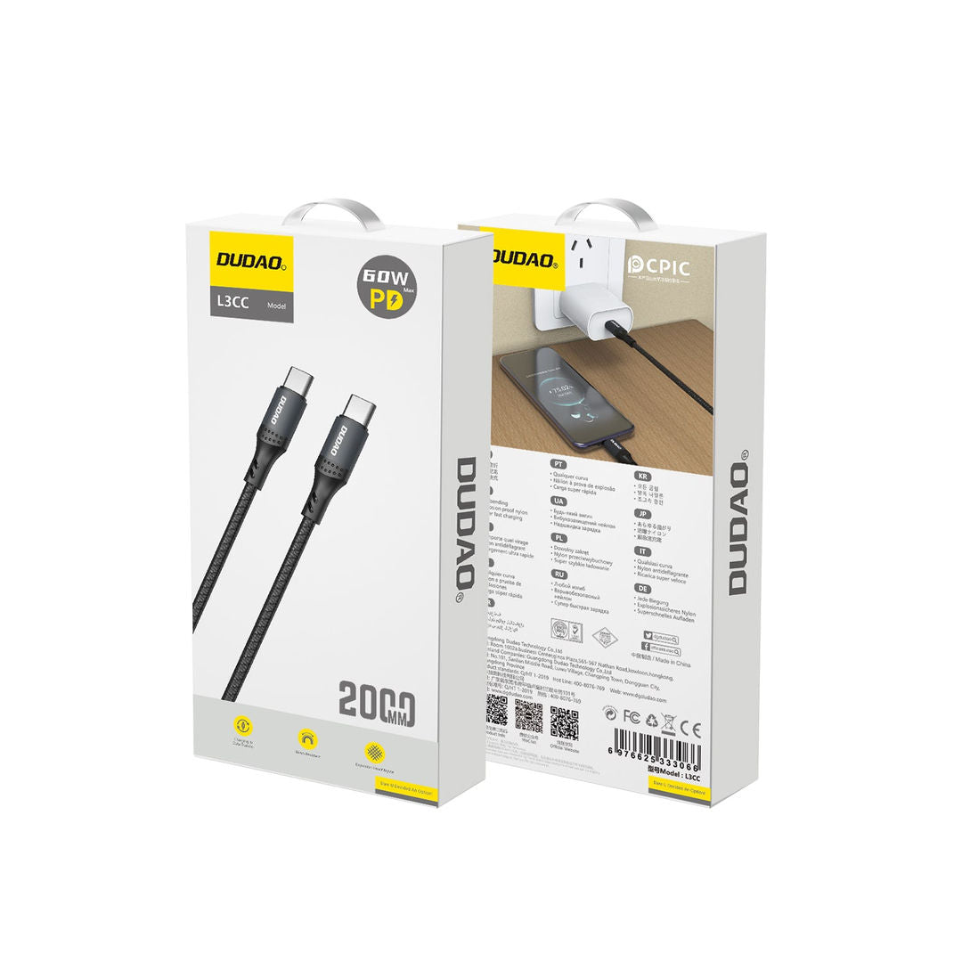 DUDAO L3CC-2MB 60W PD Cable TYPE-C To TYPE-C, 2m, Black
